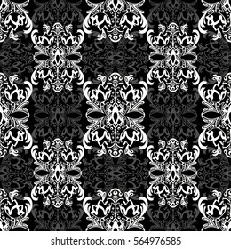 Damask floral seamless pattern with arabesque, oriental ornament. Abstract traditional decor for backgrounds, wallpaper, fabric design, decoration. Black and white colors, monochrome. Vector ClipArt