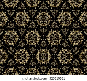 Damask floral seamless pattern background. Luxury texture for wallpaper, invitation. Vector illustration. gold on black.