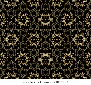 Damask floral seamless pattern background. Luxury texture for wallpaper, invitation. Vector illustration. gold on black.