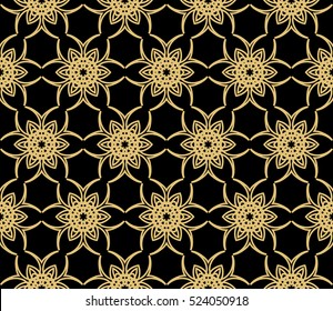 Damask floral seamless pattern background. Luxury texture for wallpaper, invitation. Vector illustration. gold on black.