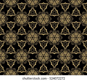 Damask floral seamless pattern background. Luxury texture for wallpaper, invitation. Vector illustration. gold on black.