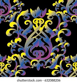 Damask floral seamless pattern background wallpaper illustration with vintage colorful   3d flowers, scroll swirl leaves, and antique ornaments in Baroque style. Vector  texture for prints, fabric
