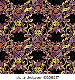 Damask floral seamless pattern background wallpaper illustration with vintage colorful 3d flowers, scroll swirl leaves, and antique ornaments in Baroque style. Vector luxury texture for fabric