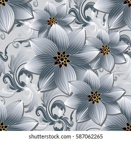 Damask floral seamless pattern. Baroque ornaments. Modern flourish background wallpaper with vintage 3d white  flowers and antique scroll swirl leaves in Victorian style. Vector surface texture.