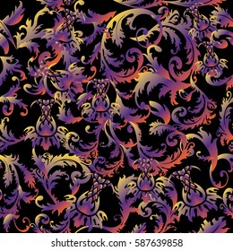 Damask floral  seamless pattern. Baroque black background wallpaper with violet 3d  vintage ornaments, antique leaves,abstract fruits and flowers in Victorian style. Vector surface luxury  texture.