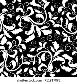 Damask floral seamless pattern. Baroque ornament. Black vintage background with ornamental white hand drawn antique swirl scroll leaves and flowers. Luxury vector isolated texture.