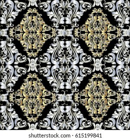 Damask floral seamless pattern. Black flourish vector  background wallpaper illustration with vintage gold and silver 3d flowers, swirl  leaves and antique Baroque ornaments in Victorian style. 