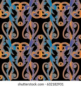 Damask floral seamless pattern. Black background wallpaper illustration with vintage colorful 3d flowers, scroll swirl leaves, and antique ornaments in Baroque style. Vector luxury texture for fabric
