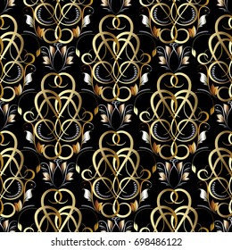 Damask floral seamless pattern. Black vintage background wallpaper illustration with gold silver old medieval ornaments, flowers, swirl line art leaves. Vector rich texture for fabric, prints, textile