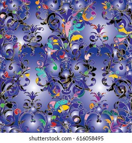 Damask floral seamless pattern .Blue flourish background wallpaper illustration with vintage  colorful 3d flowers, leaves and antique ornaments in Baroque Victorian style. Surface vector texture.