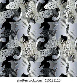 Damask floral seamless pattern. Elegant black flourish background wallpaper with vintage  silver grey 3d butterflies, leaves and antique Baroque ornaments.Vector luxury surface 3d  texture 