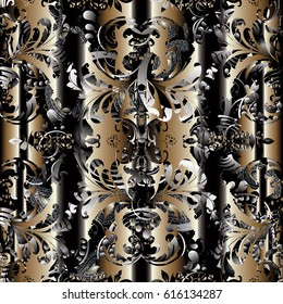 Damask floral seamless pattern .Flourish gold background wallpaper illustration with vintage 3d flowers, leaves, black stripes and antique ornaments in Baroque Victorian style. Surface vector texture