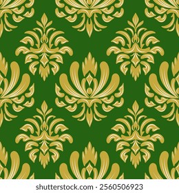 Damask floral seamless pattern, Green and Gold color, vintage design, vector illustration for elegant textile design, fabric, decoration, interiors, wall paper, curtain, bedding, carpet luxury design