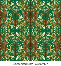 Damask floral seamless pattern. Green  background wallpaper illustration with vintage gold 3d flowers leaves and Baroque ornaments. Vector  luxury  texture for fabric textile