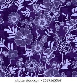 Damask floral seamless pattern. With hand drawn flower lite purple on dark purple silhouette background. Design for curtain, wallpaper, decorative, wrapping paper, fabric and textile.