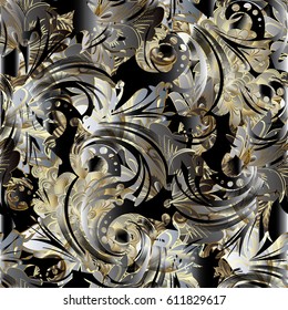 Damask floral seamless pattern. Modern abstract flourish background wallpaper illustration with 3d vintage  scroll swirl leaves, flowers and antique ornaments in Baroque style. Trendy texture