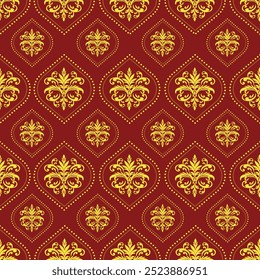 Damask floral seamless Pattern, Red and gold color, Luxury style, vector Illustration for textile, fabric, decoration, interior, wall paper