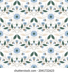 Damask floral seamless pattern. Vector calm background illustration with blue flowers on white. 