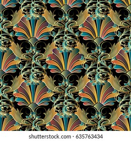 Damask floral  seamless pattern with vintage 3d colorful  antique flowers, swirl leaves and Baroque ornaments in Victorian style. Vector luxury floral texture for wallpapers, textile, fabric, prints