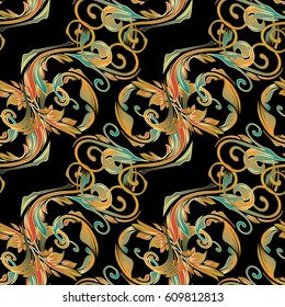 Damask floral seamless pattern.Flourish modern vector black background wallpaper illustration with vintage antique gold 3d flowers, swirl curl lines, leaves and Baroque ornaments. Luxury texture.