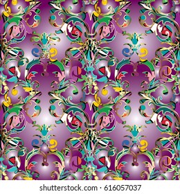 Damask floral seamless pattern.Violet  flourish background wallpaper illustration with vintage  colorful 3d flowers, leaves and antique ornaments in Baroque Victorian style. Surface vector texture.