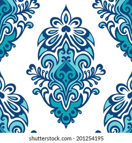 Damask floral seamless vector design blue and white