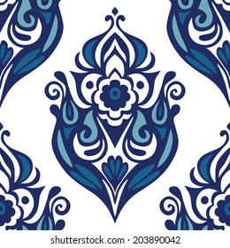 Damask floral seamless vector design blue and white