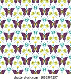 Damask floral seamless vector pattern with flowers butterfly and leaf 