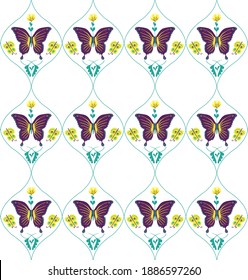 Damask floral seamless vector pattern with flowers butterfly and leaf 