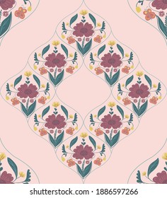 Damask floral seamless vector pattern with flowers butterfly and leaf 