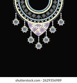 Damask floral vector ethnic neck embroidery vintage blue and yellow colors geometric pattern style. Tribal art shirt fashion. Collar shirt for women.

