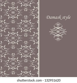 Damask floral vector pattern. Perfect for greeting card or wrapping paper.  Wedding card or invitation in abstract damask style. Ornate background. Vintage swatch.