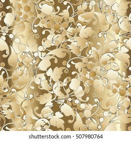 Damask floral vector seamless pattern background wallpaper with gold vintage antique decorative 3d baroque flowers leaves and ornaments in victorian style. Endless elegant light flourish texture