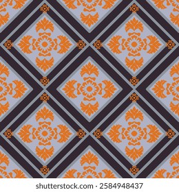 Damask florals seamless pattern with geometric shapes on orange, grey and black background. Vector illustration.