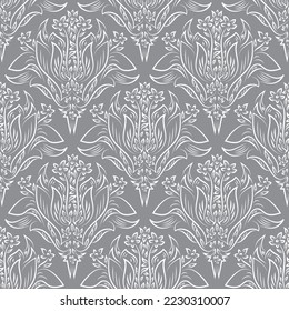 Damask flower bouquet vector seamless vector pattern. White soft gray background with hand drawn flowers woodcut effect. Classic ornamental, dense geometric repeat. Floral baroque all over print.
