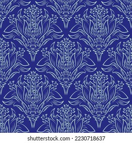 Damask flower bouquet vector seamless vector pattern. Blue indigo background with hand drawn flowers woodcut effect. Classic ornamental, dense geometric repeat. Floral baroque all over print.