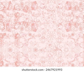 Damask flower motif  pattern Victorian vector background. Hand drawn running stitch print. Classic old antique embroidery, lace home decor, quilted textiles Beautiful floral and rustic scarf design 
