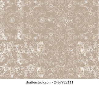 Damask flower motif  pattern Victorian vector background. Hand drawn running stitch print. Classic old antique embroidery, lace home decor, quilted textiles Beautiful floral and rustic scarf design 