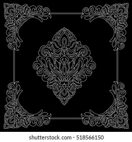 Damask flower on a black background and white outline and oriental elements. Abstract traditional ornament.