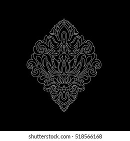 Damask flower on a black background and white outline and oriental elements. Abstract traditional ornament.