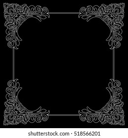 Damask flower on a black background and white outline and oriental elements. Abstract traditional ornament.