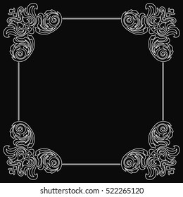 Damask flower on a black background and white outline and oriental elements. Abstract traditional ornament.