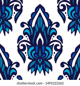 Damask flower vector seamless pattern. Blue and white flourish ceramic tile. Arabesque flower for fabric