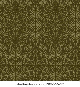 Damask geometric motif sashiko pattern. Victorian needlework seamless vector background. Hand drawn running 
stitch print. Classic old antique embroidery, lace home decor, quilted textiles template.