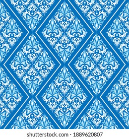 Damask geometrical seamless pattern. Vintage floral seamless background. Blue and white colors