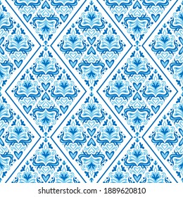 Damask geometrical seamless pattern. Vintage floral seamless background. Blue and white colors