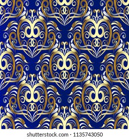 Damask gold 3d vector seamless pattern. Floral ornamental textured blue background. Vintage flowers, leaves, antique baroque style ornaments. Abstract love hearts. Decorative design. Surface texture.