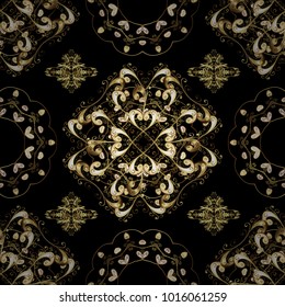 Damask gold abstract flower on black and yellow colors. Ornate decoration. Vector illustration.