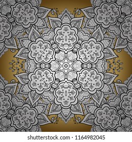 Damask gold abstract flower ornamental pattern on white, black and yellow colors. Ornate decoration. Vector illustration.