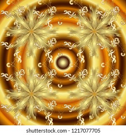 Damask gold abstract flower ornamental pattern on yellow, brown and neutral colors. Ornate decoration. Vector illustration.